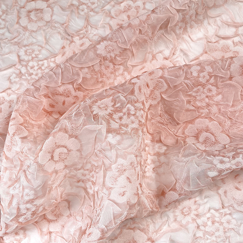雾面立体浮雕 半透明西柚色花朵褶皱提花雪纺皱纱汉服布料diy