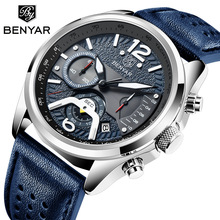 2021新款宾雅benyar男士手表 时尚运动多功能计时真皮石英表 5171