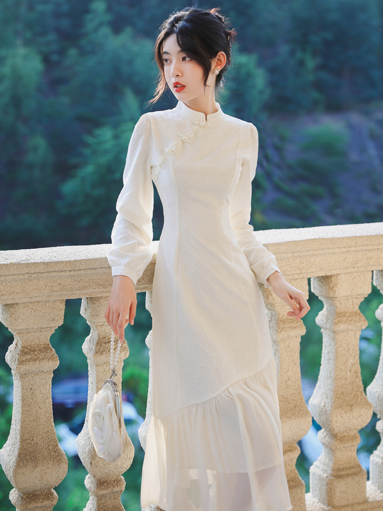 复古温柔风鱼尾裙连衣裙春秋女装2024年新款改良旗袍新中式高级感
