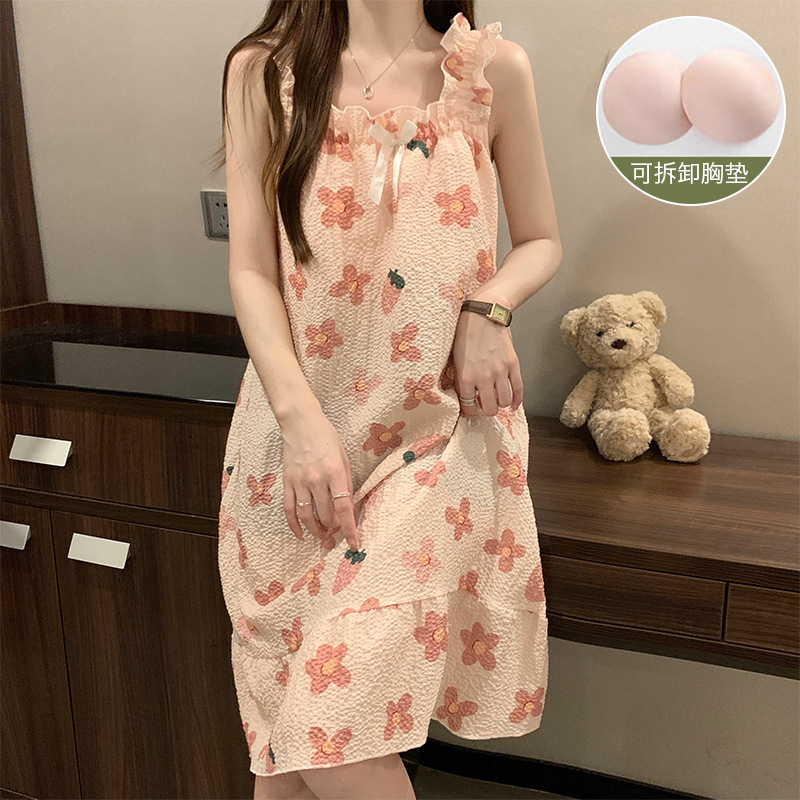 New Fresh Sling Nightdress Women's Comfortable Bubble Wrinkle Cute Little Red Flower Pajamas Long Dress Summer Padded Nightdress