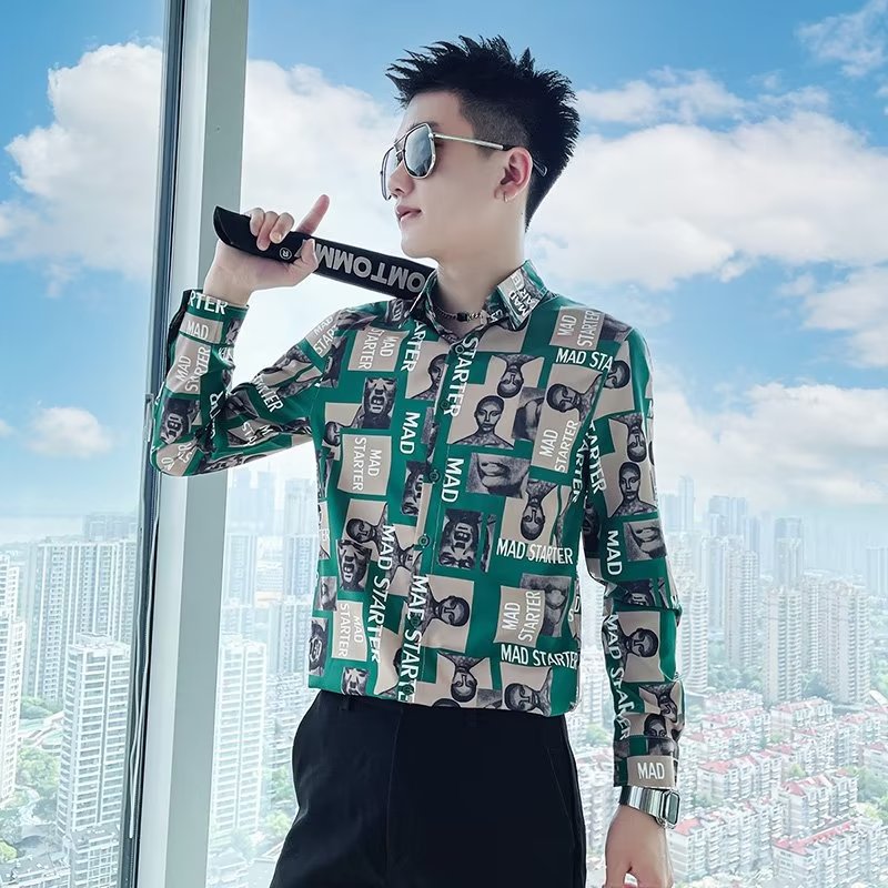 秋季长袖花衬衣男发型师潮ins痞帅感精神小伙衬衫冰丝网红t恤