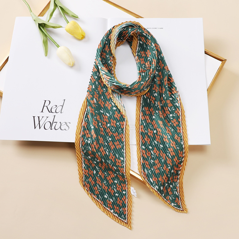 Spring 2022 Korean Style Crepe Ribbon Artificial Silk Scarf Floral Small Bevel Scarf Female Hair Band Arm Bag Scarf