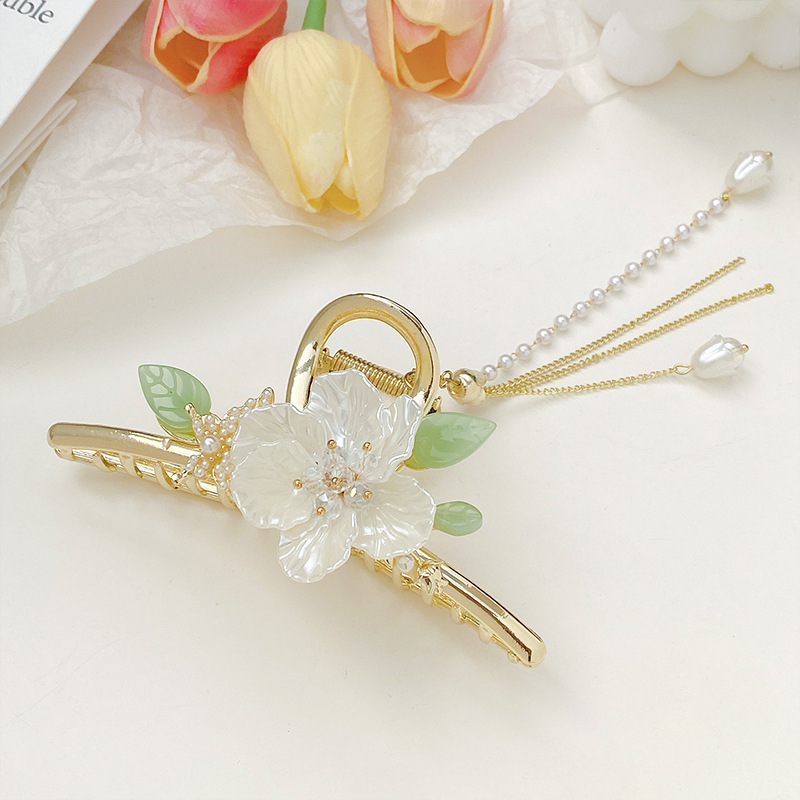 Antique Style Flower Hair Clip Women's Summer Back Head Clip Hairware High-Grade Pearl Barrettes Large Shark Clip Hairpin