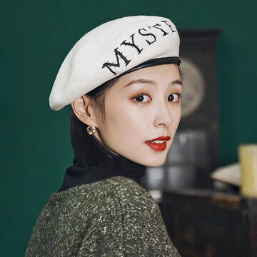 新款帽子女秋冬时尚英伦复古羊毛刺绣贝雷帽女时髦潮牌字母画家帽