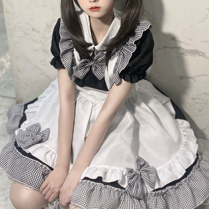 黑白格可爱女仆装cosplay女装大佬大码女佣装超萌一件代发