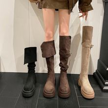 两穿翻折厚底长筒靴子女2024年秋冬季新款粗跟过膝骑士靴春秋款