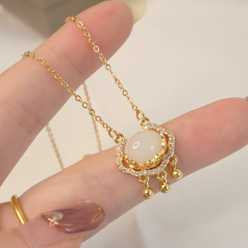 Chinese Style New Opal Safety Lock Pendant Necklace Women's Simple Fashion Sense Necklace Light Luxury All-Match Clavicle Chain