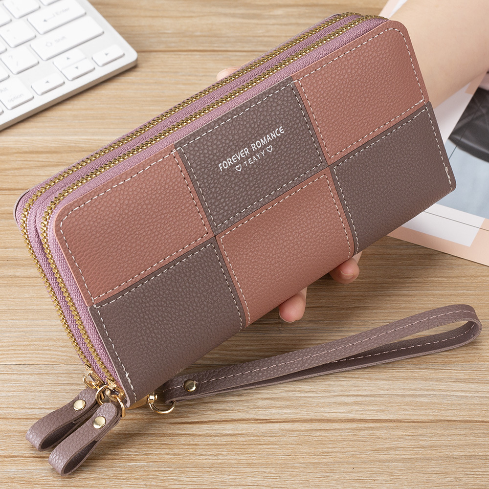 Fashion Brand Lady Hand-Carrying Wallet Women's Double Zipper New Long Three-Color Stitching Simple Zipper Mobile Phone Bag Money