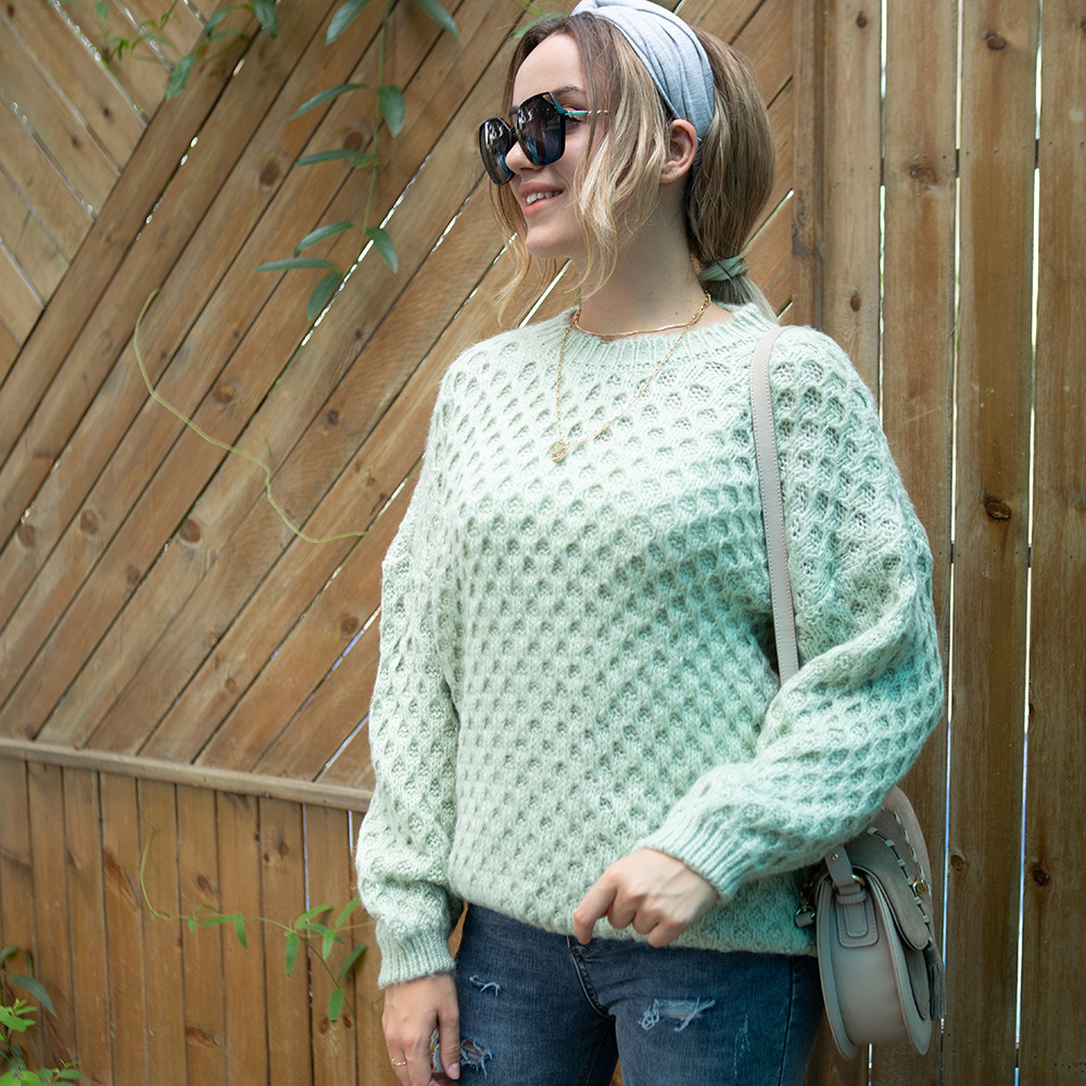 跨境货源2021秋季欧美休闲套头圆领长袖网格毛衣女式针织衫