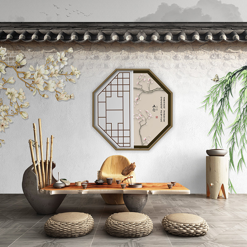 古典屋檐建筑江南水乡风墙纸饭店餐厅火锅店面馆古风装修壁纸