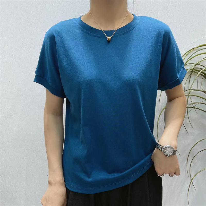 Loose Large Version Threaded Cotton round Neck Short Sleeve T-shirt Female 2023 High Elastic Bottoming Top Counter Quality Soft Glutinous Skin-Friendly