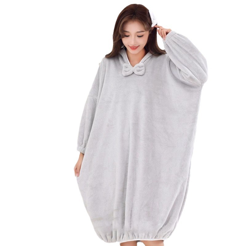 Coral Fleece Long Loose Bathrobe Student Warm Home Wear Morandi Color Long Sleeve Pajamas Hooded Nightgown