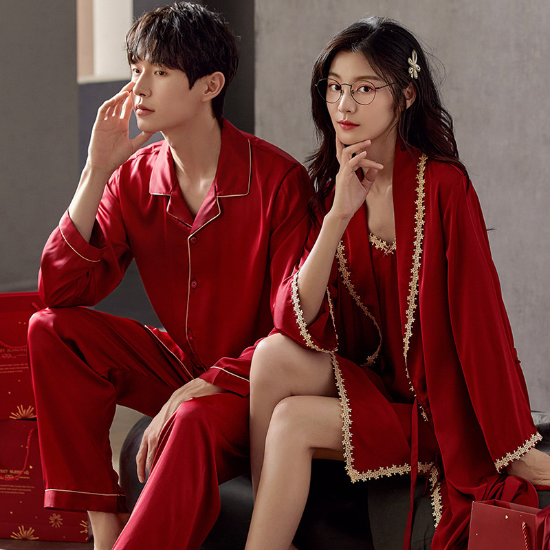 Tilemeng Autumn and Winter Wedding Warm Couple Red Comfortable Thin South Korean Satin Ice Silk Festive Couple Home Pajamas