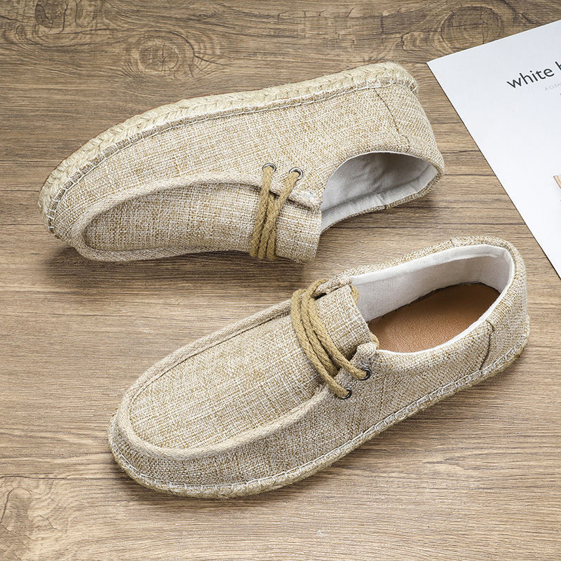 不臭脚亚麻男鞋子一脚蹬草编渔夫鞋男士夏季帆布鞋休闲老北京布鞋