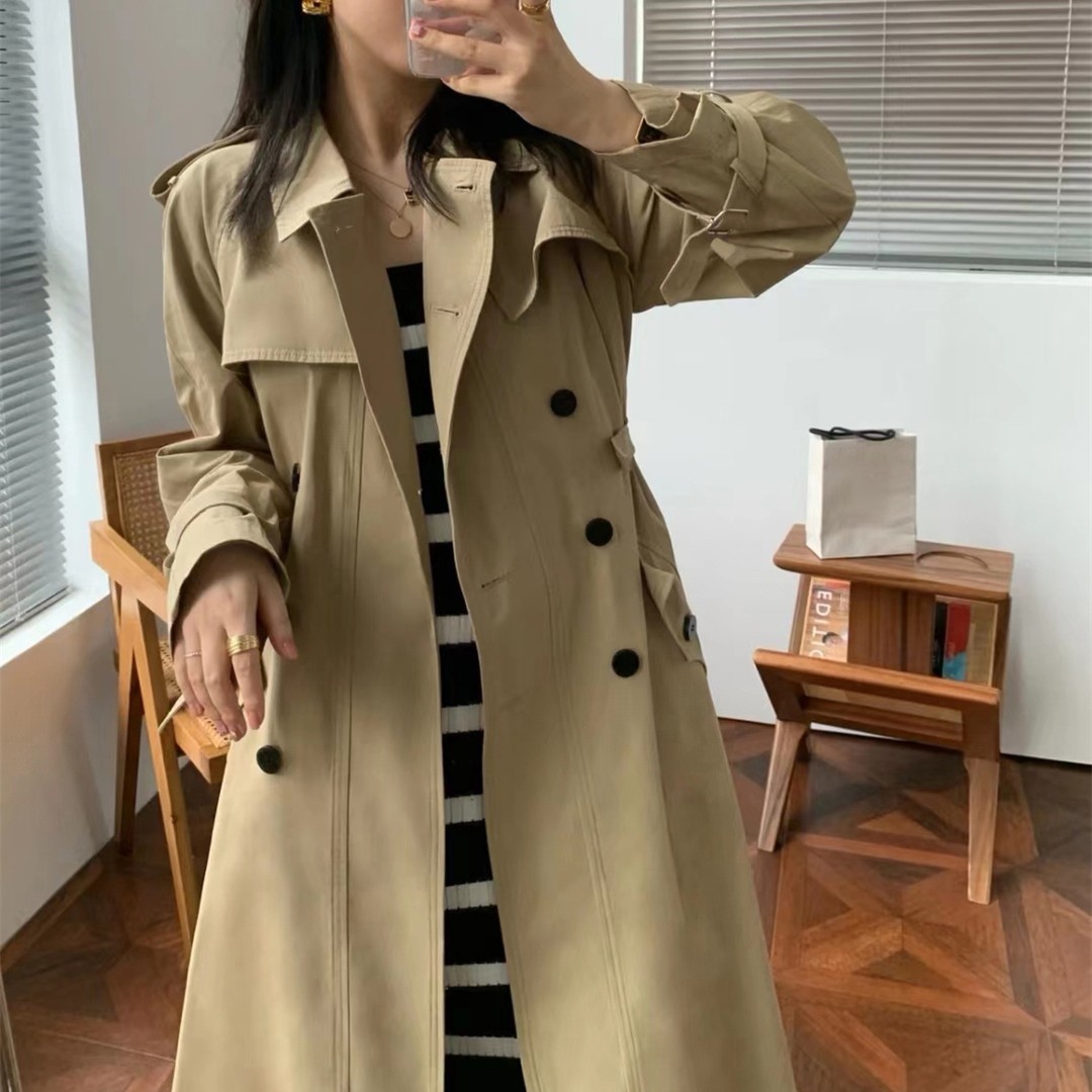 卡其色外套气质时尚双排扣收腰裙摆英伦风长款风衣女-阿里巴巴
