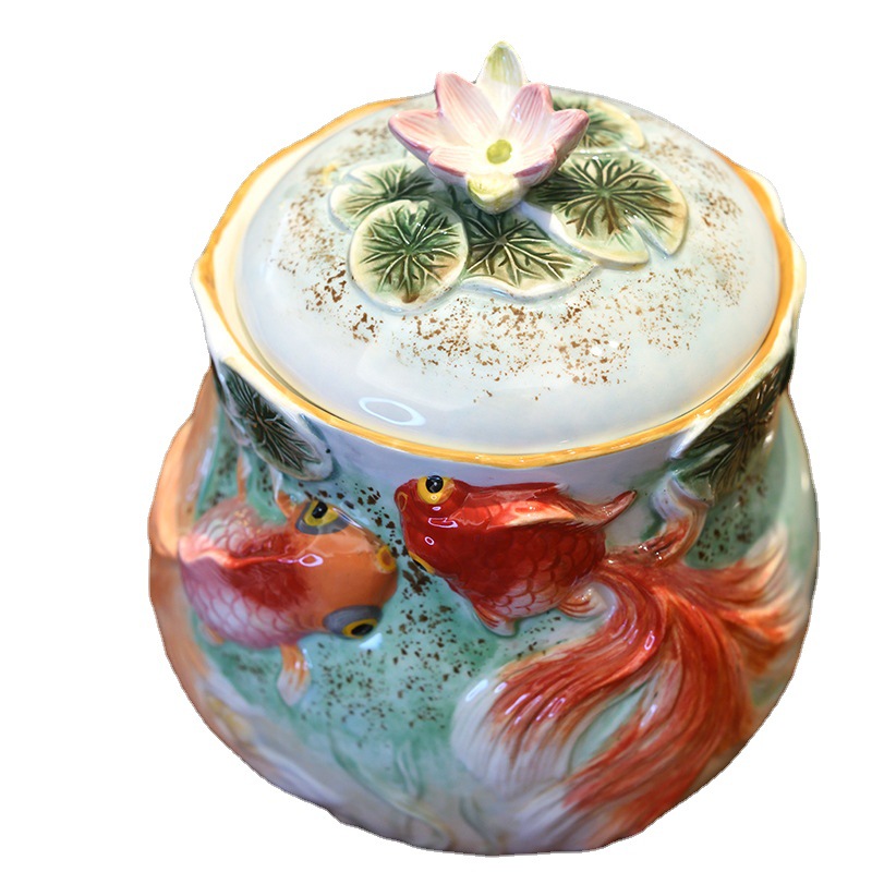 Ceramic Goldfish Storage Jar Candy Box Storage Sucrier Household Creative Home Dried Fruit Sealed Jar Decoration with Lid