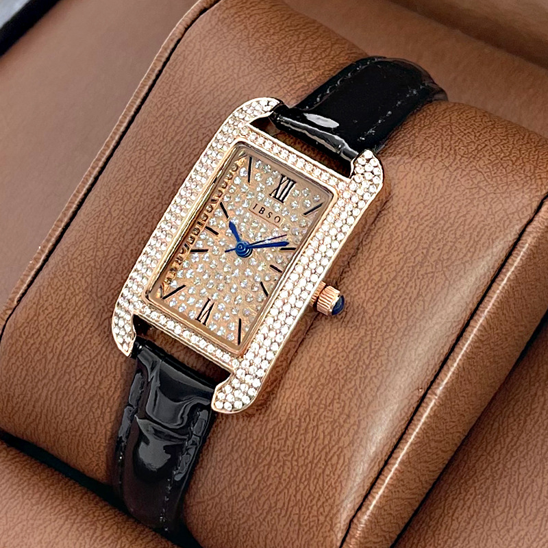 长方形满钻设计手表女新款直播高品质女表防水真皮十大品牌