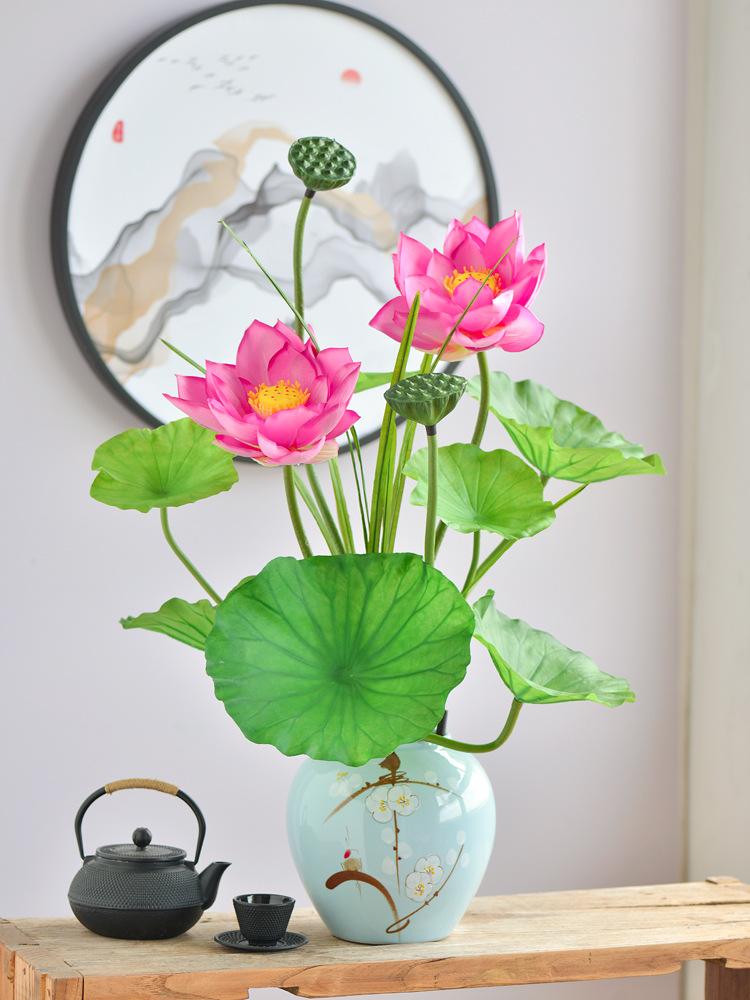 仿真荷花荷叶莲花高档中式假花装饰落地花束供佛客厅绢花套装摆件