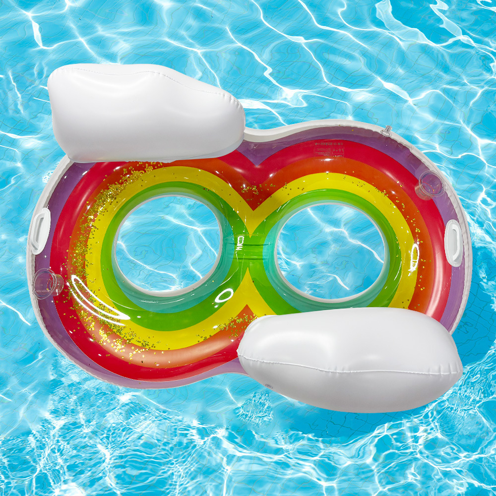 New Adult Inflatable Sequined Rainbow Swimming Ring PVC Transparent Double Strap Backrest Swim Ring Swim Ring Single Rainbow Pedestal Ring