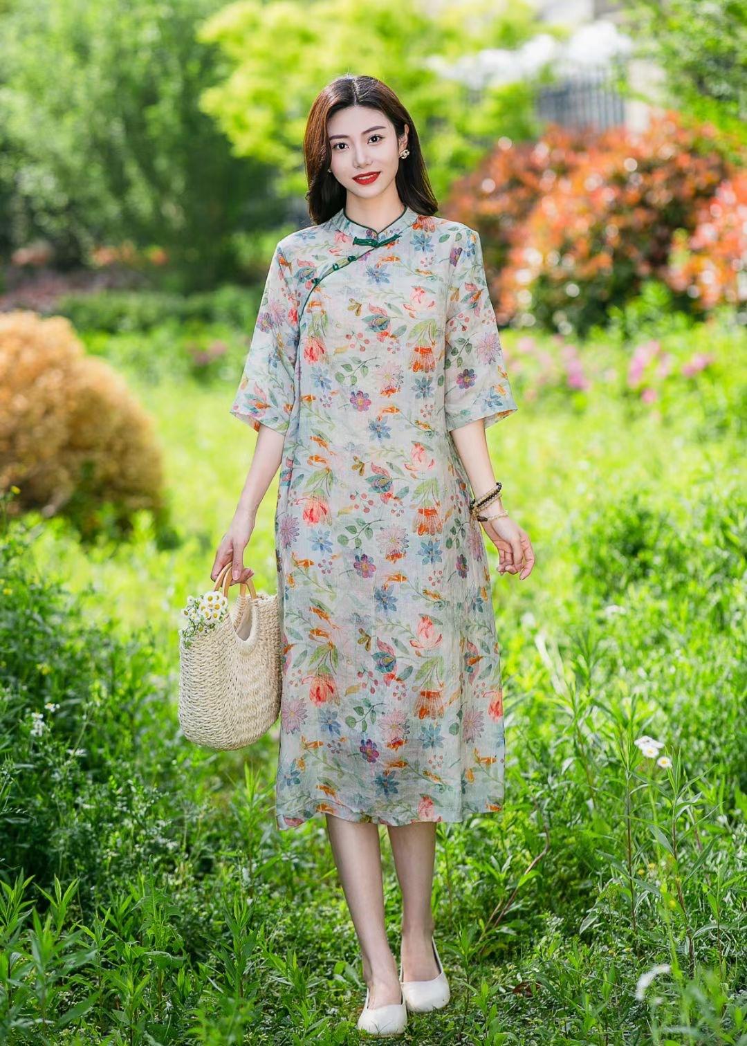 中式改良旗袍 棉麻国风复古立领文艺宽松休闲苎麻印花连衣裙裙子