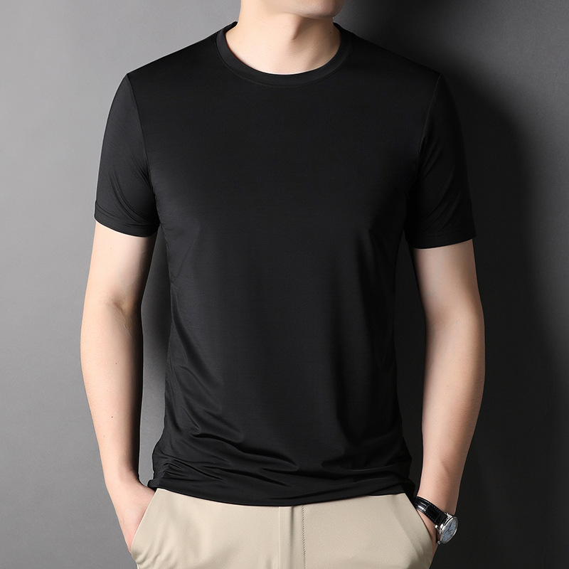 新款夏季无领黑色休闲薄款打底衫短袖修身型纯色不连帽青年t恤男
