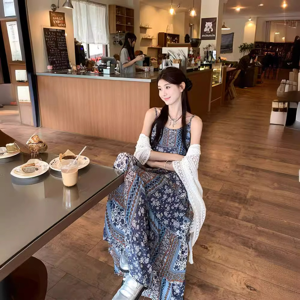 波西米亚风韩chic夏日出游图腾印花吊带连衣裙 披肩小外套民族风