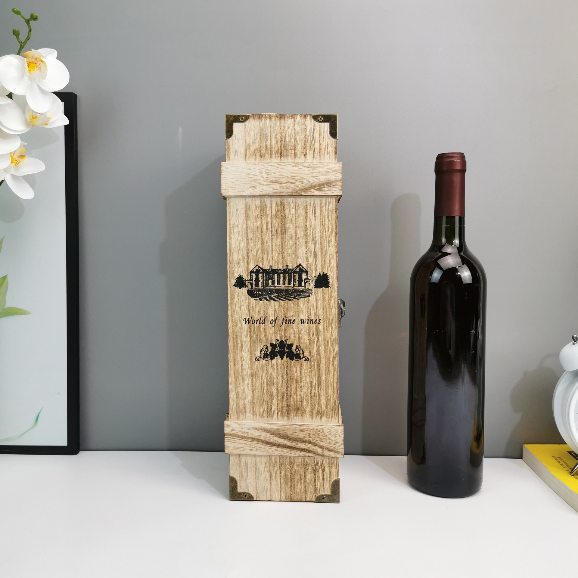 单支装红酒木盒红酒盒单只萄酒礼盒红酒包装盒 翻盖松木红酒木箱