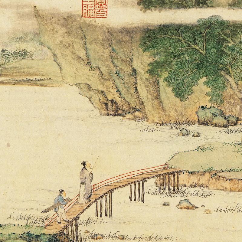 仇英携琴访友图古代书法字画高清微喷宣纸横幅仿古复制中堂装饰画