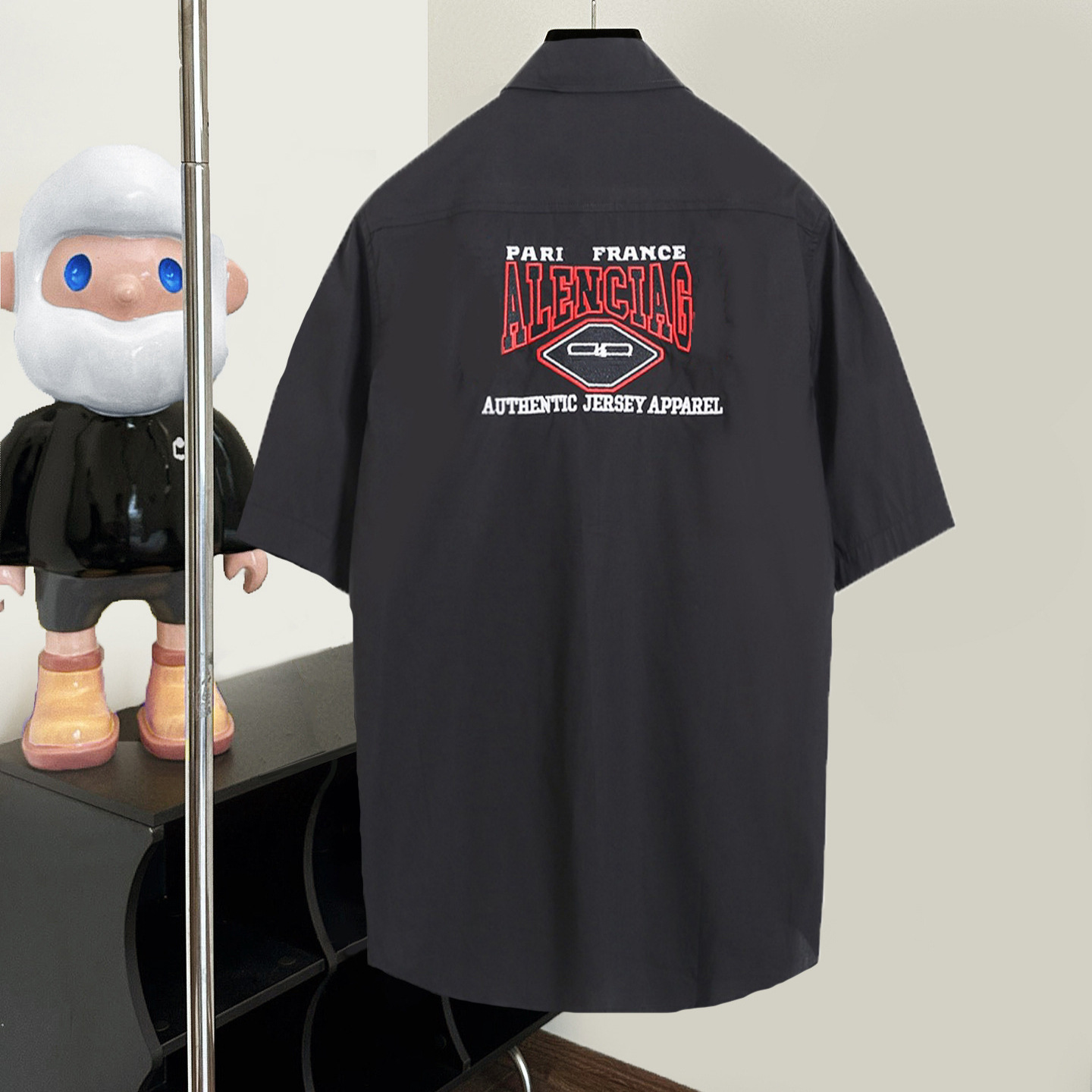 巴黎正确版b家蝙蝠重工字母刺绣短袖衬衫男女同款高版本b潮牌衬衣