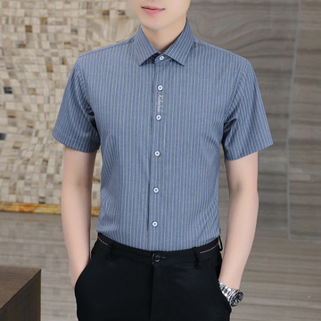 2024商务男士短袖衬衫夏季条纹刺绣竹纤维免烫衬衣潮流修身上衣