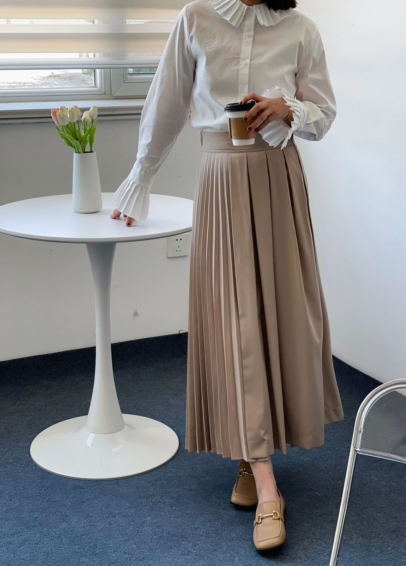 工厂批发纯色棕色拼接长裙褶皱气质通勤百褶裙短包臀半身半身裙