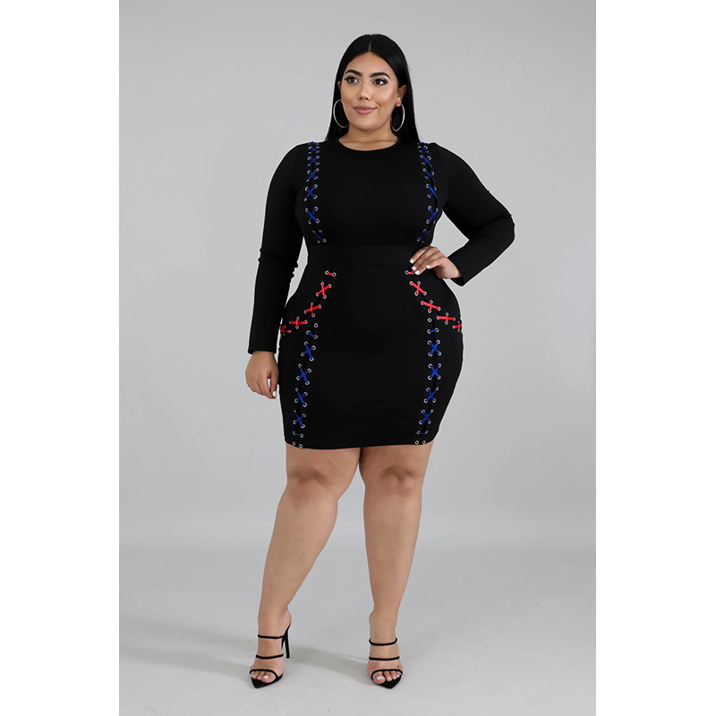 sj6076 欧美肥婆大码女装鸡眼织带撞色迷你胖女人连衣裙