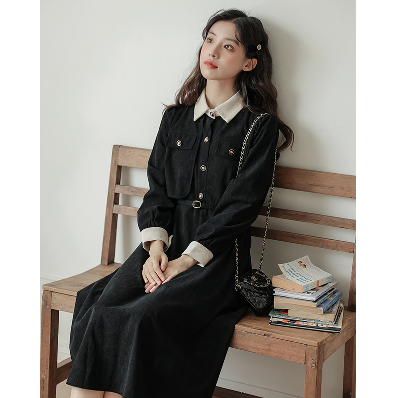 One Piece Dropshipping 2023 Autumn and Winter New French Style Retro Elegant Corduroy Long Sleeve Fake Two-Piece Dress Zz3185