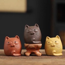 紫砂萌猫茶宠摆件精品可养茶玩创意陶瓷可爱猫咪线香香插茶道盖置