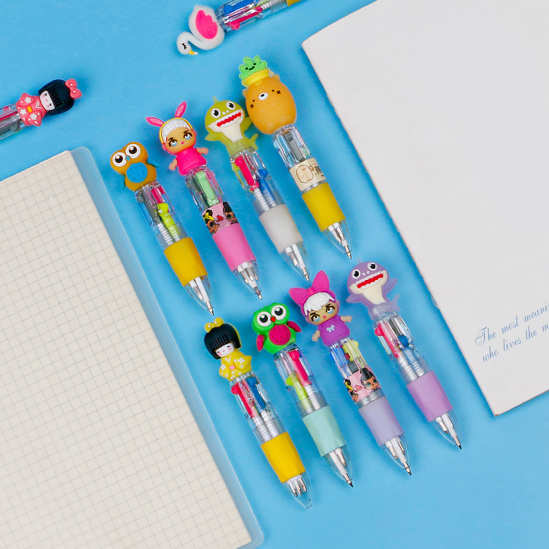 Cute Cartoon Mini Four-Color Ballpoint Pen Silicone Short Pen Easy to Carry 4 Color Pen Student Journal Multi-Color Ballpoint Pen