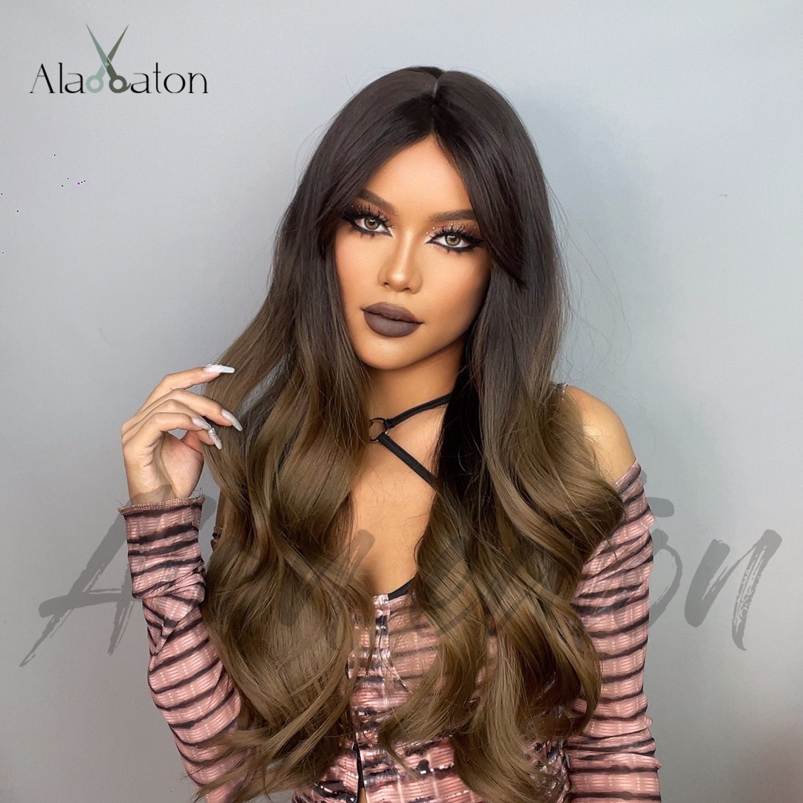 欧美网红风女士假发 染棕色长卷发有刘海波浪卷发 气质假发女wigs