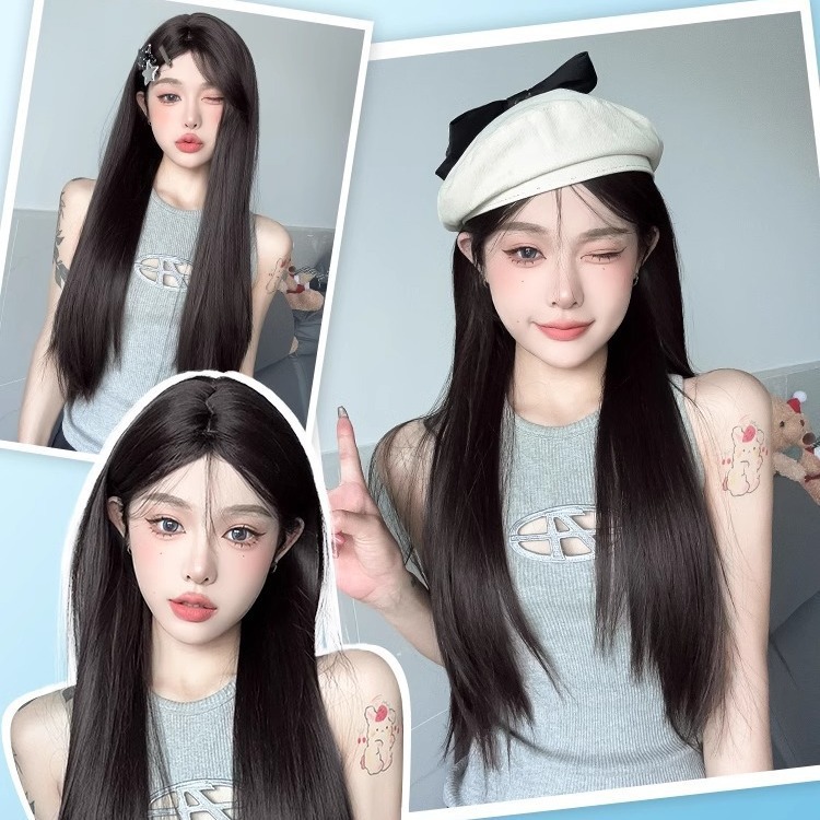 科尼假发女长发全头套自龄黑色长直发蓬松仿真人发中分八字假发套