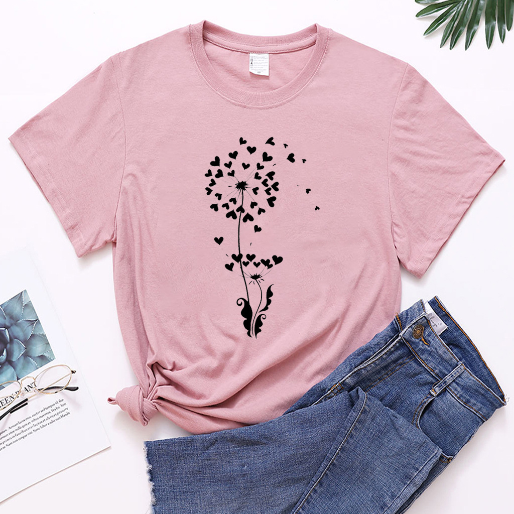 女士t恤爱心艺术印花图案夏季成人宽松大码亚马逊跨境衫套头短袖