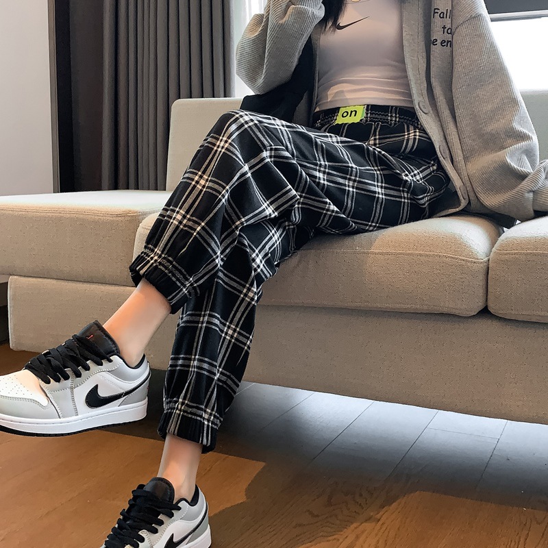 格子裤女薄款小个子2022春季时尚显瘦休闲裤春秋格纹卫裤哈伦裤子