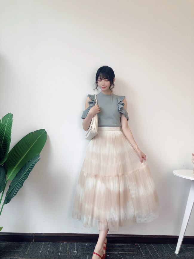 【金丫子】新款薄纱大裙摆晕染压褶半身裙21094