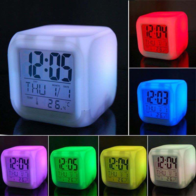 Led Alarm Clock Colorful Color Changing Square Clock Cartoon Electronic Charging Creative Children Lazy Thermometer Gift