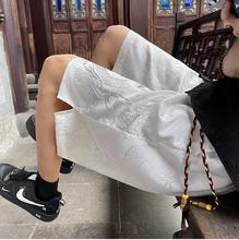 休闲短裤夏季新款中式中国风龙纹冰丝垂感青年网红开叉五分短裤子