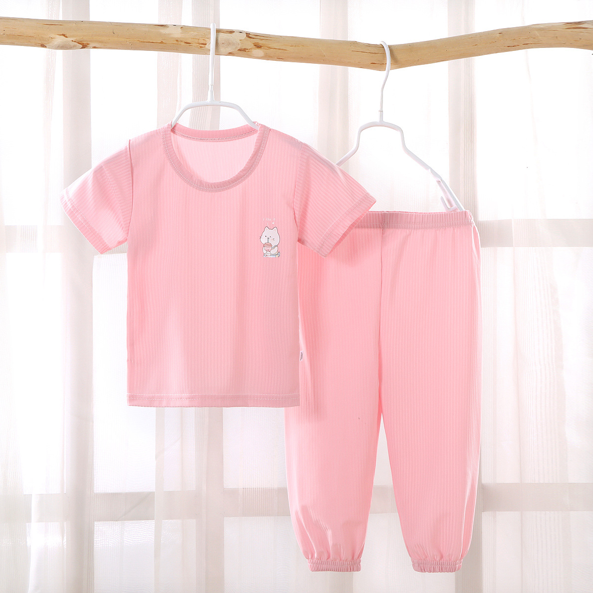 Children's Short-Sleeved T-shirt Suit Summer Mosquito Repelling Pants Boys and Girls Summer Clothes Baby Ice Silk Short Sleeve Pajamas Home