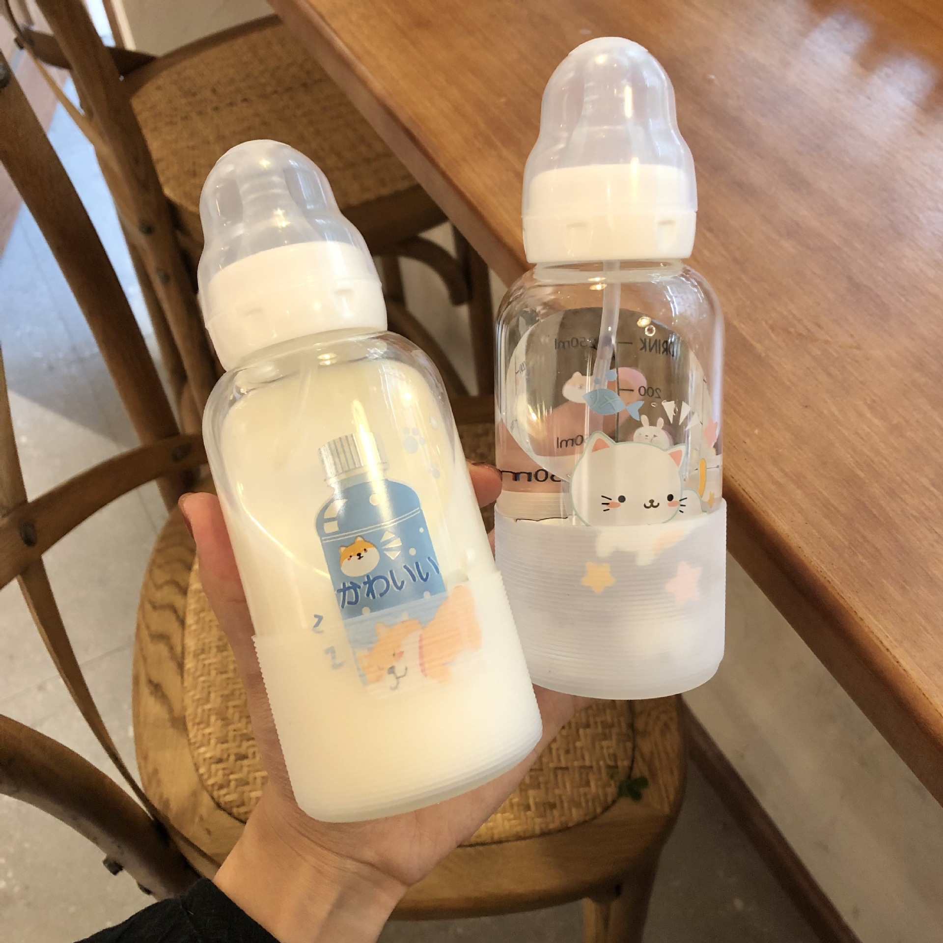 可爱学生奶瓶小猫咪成人水瓶带隔热套和重力球抖音爆款