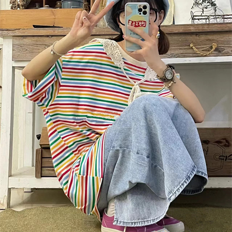 日系原宿风彩虹条纹短袖t恤女宽松慵懒休闲短袖上衣bf风-阿里巴巴