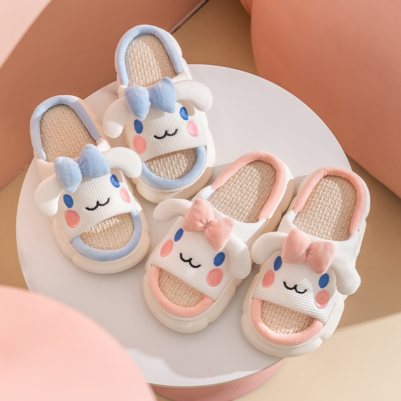 xinya linen slippers women‘s spring/autumn summer indoor home thick bottom non-slip wooden floor cartoon cotton and linen slippers