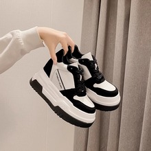韩版内增高女鞋熊猫拼色百搭板鞋8厘米增高小个子厚底休闲运动鞋