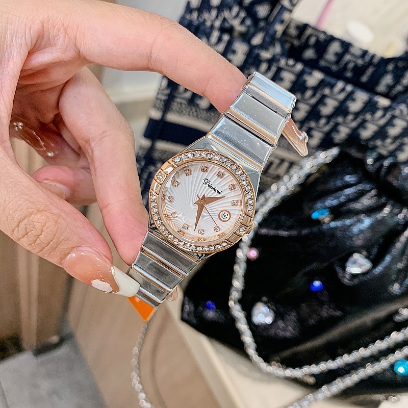 蒂米妮韩版镶钻带日历不锈钢表带女表潮流时尚女士手表女气质小众