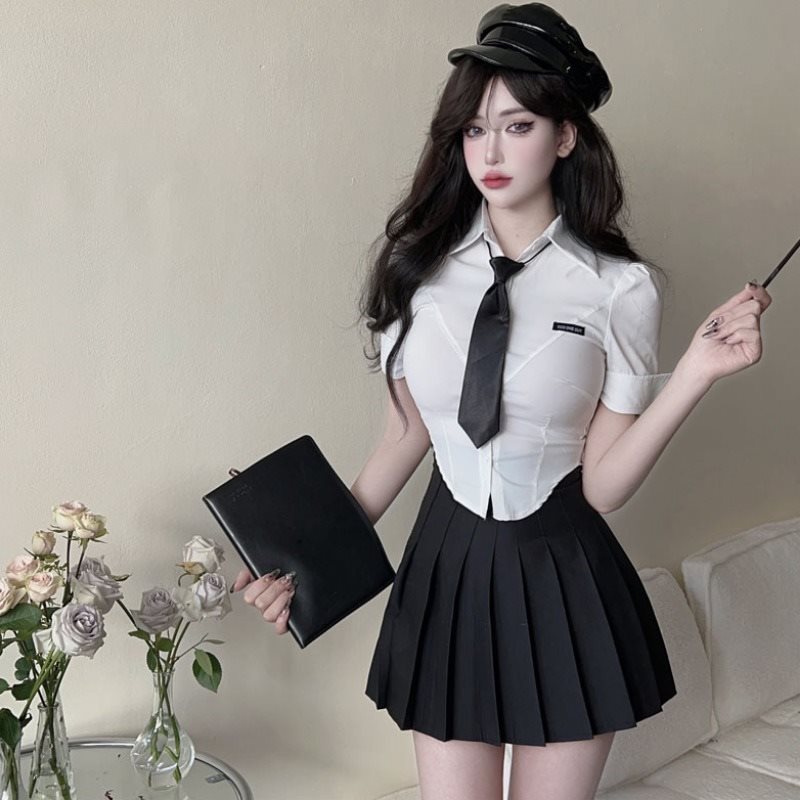 学院风套装jk制服百褶裙辣妹紧身短袖白色衬衫职业工作服裙套装潮