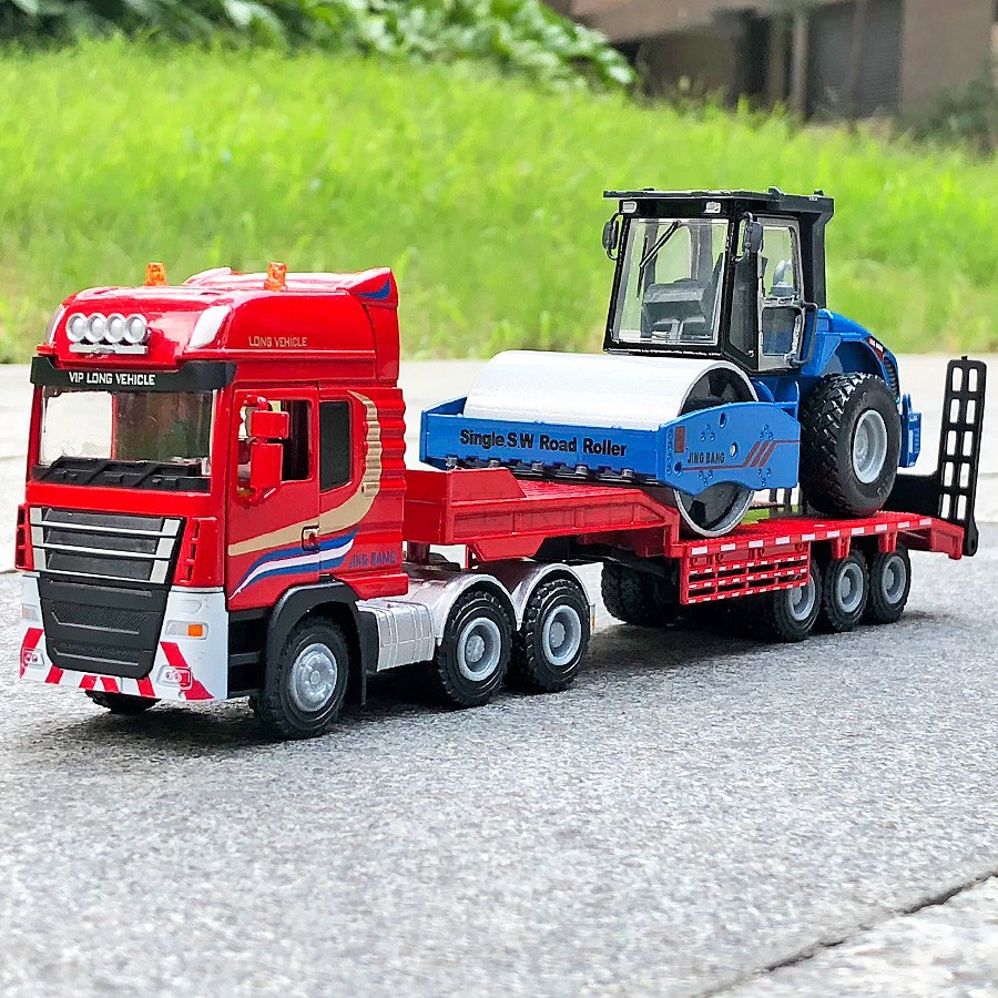 合金工程车平板拖车套装带压路机运输车精致合金汽车玩具摆件模型